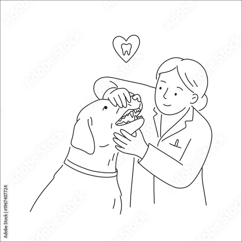 Veterinarian Checking Dog Teeth - Pet Dental Care Line Art Vector