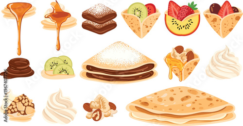 Delicious Crepes and Pancakes with Sweet Fillings and Toppings Illustration Set Featuring Fruit, Cream, Chocolate, and Syrup
