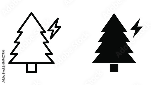 Contrast between a simple line art tree and a filled black tree with lightning bolts