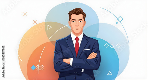 A confident businessman standing in front of a colorful geometric background