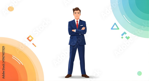 A confident businessman standing with arms crossed in a modern vector illustration