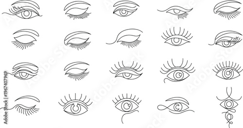 Eye Line Art Illustration Set with Eyelash Styles, Eyeliner Shapes, and Minimal Beauty Sketch Elements for Cosmetic Design
