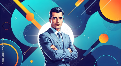 A confident businessman standing in front of a vibrant abstract background