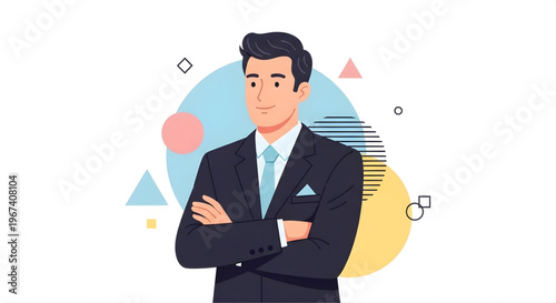 A confident businessman standing in front of a colorful geometric background