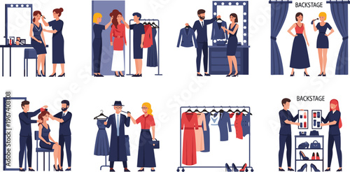 Fashion Backstage Preparation Illustration Set with Models, Stylists, Makeup Artists, Dressing Room Scenes, and Clothing Rack Styling Process