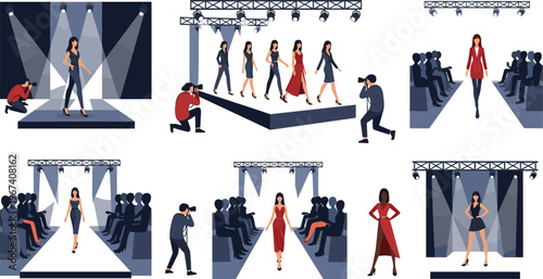 Fashion Runway Show Illustration Set with Models Walking Catwalk, Photographers, Audience, Stage Lighting, and Stylish Outfit Presentation Scenes