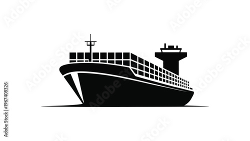 cargo container ship silhouette large freight vessel on sea black and white minimal maritime transport illustration isolated background