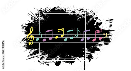 A colorful musical staff with notes on a black brush stroke background