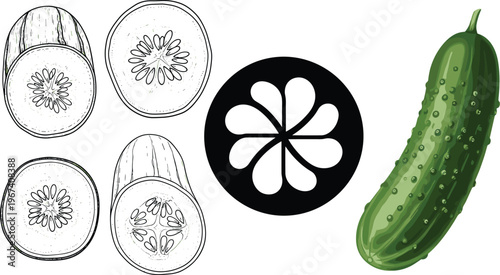 Cucumber illustration set. Whole cucumber and cross section slices. Fresh organic vegetable with line art and realistic style collection for food design.