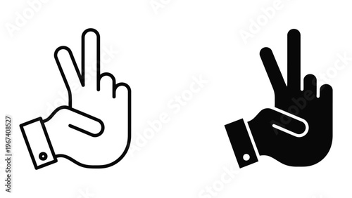 Two hands displaying peace and victory hand gestures with formal attire sleeves visible