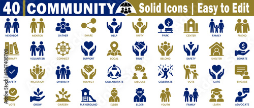 Community solid icons set. Featuring humanitarian aid and social services, including symbols for volunteer mentorship, family support, and neighborhood unity vector illustration.