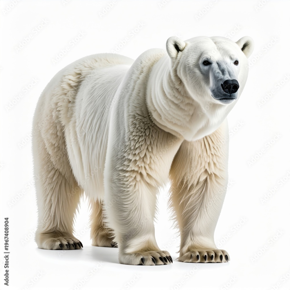 Fototapeta premium Full body studio portrait of an adult polar bear standing against a pure white background, showcasing highly detailed white fur texture, sharp black claws, and realistic facial features.