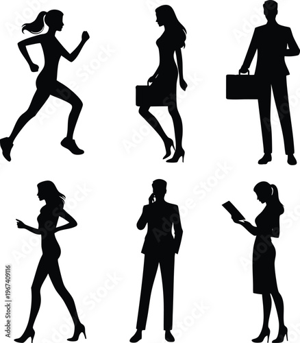 Set of diverse business and fitness silhouettes representing professional and active lifestyles isolated on white background