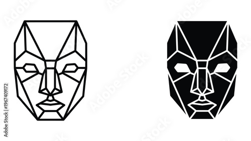 Contrasting geometric masks in black and white line art styles