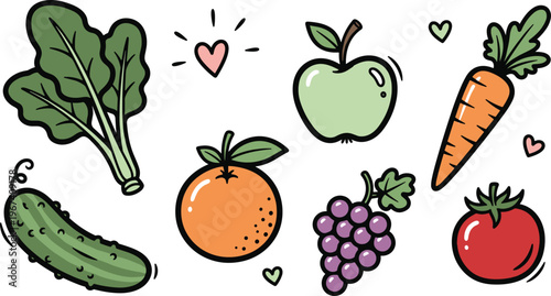 Cute and Colorful Fruit and Vegetable Set with Carrot, Cucumber, Apple, Tomato, Orange, and Grapes for Healthy Eating and Organic Food Designs