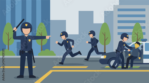 Police officers in action: chasing and arresting a suspect in a city