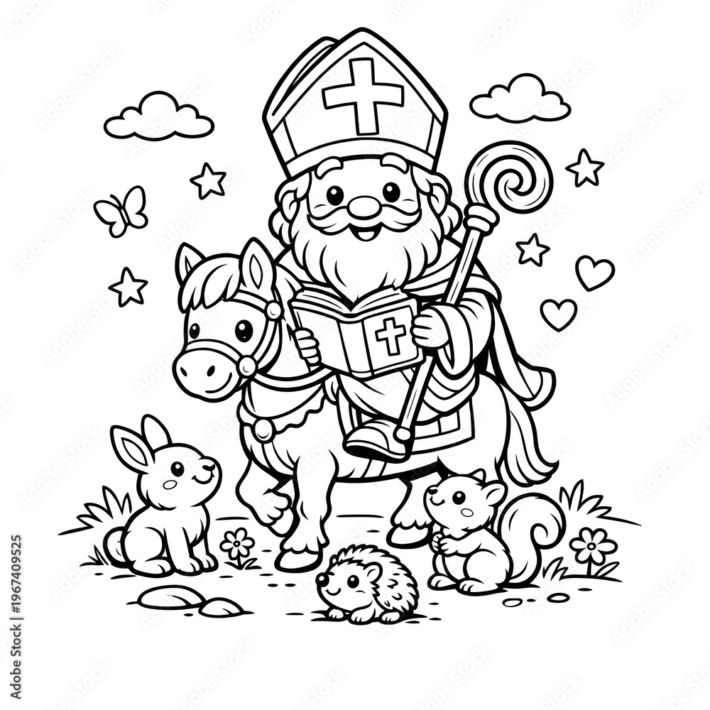 Fototapeta premium Sinterklaas on horse coloring page for kids with animals 