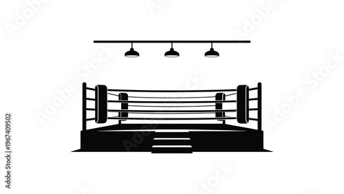 boxing ring arena silhouette with ropes and overhead lights black and white minimal sports illustration isolated on clean background