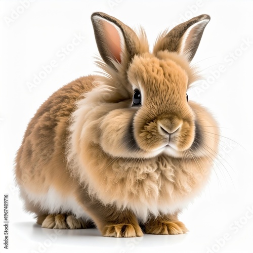 Studio portrait of a fluffy brown and white Lionhead rabbit sitting in a frontal pose against a solid white background, showing detailed fur texture, whiskers, and dark eyes.