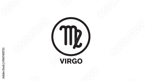 Virgo zodiac symbol in a circle with the word Virgo underneath, representing the astrological sign of the maiden.