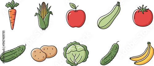 Colorful Fruit and Vegetable Icon Set Featuring Carrot, Corn, Apple, Zucchini, Tomato, and More for Organic, Healthy Eating, and Food Designs