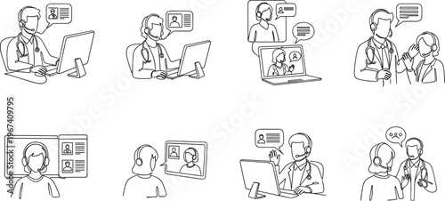 Online Medical Consultation Line Illustration Set with Doctors, Patients, Video Calls, Telehealth Services, and Digital Healthcare Communication