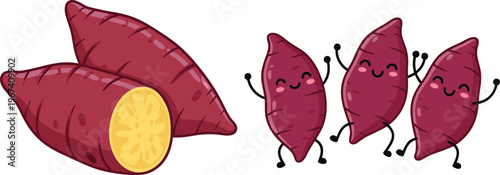 Sweet potato cartoon vector set. Cute yam characters and sliced root vegetable. Funny food mascots collection for stickers, kids design and healthy food concept.