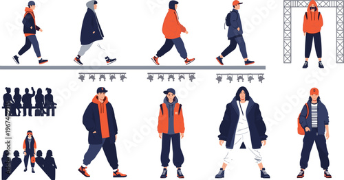 Streetwear Fashion Model Illustration Set with Walking Poses, Winter Outfit Styles, Urban Clothing, and Casual Male Character Design Collection