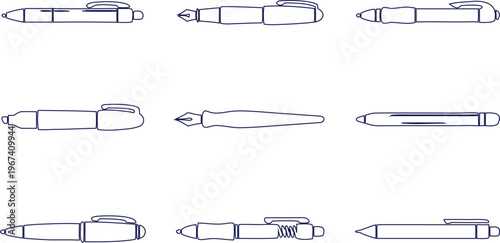 Pen silhouette vector set, solid black writing tool icons in various styles, perfect for logos, branding, stationery design, education themes, and UI elements.