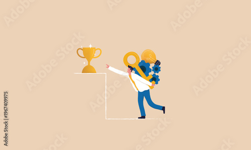 Business Success Concept with Businessman Carrying Key Idea and Gears to Reach Golden Trophy