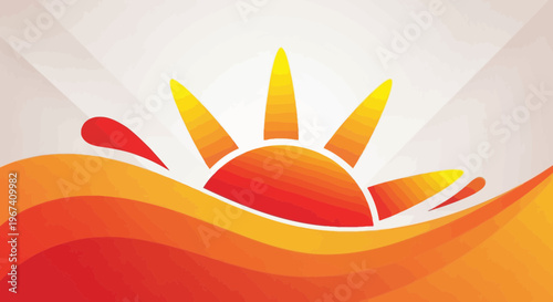 Dynamic abstract illustration of a vibrant sun emerging from stylized orange and red waves, evoking feelings of summer, warmth, and new beginnings for various design projects