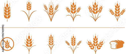Wheat icons and bread symbols set. Minimal cereal crop illustrations. Agriculture and bakery concept elements. Clean vector icons for packaging, logo and food branding design.