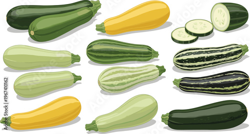 Zucchini and squash variety set isolated. Fresh green and yellow vegetables collection. Whole and sliced courgette illustration. Organic food ingredients for cooking and healthy nutrition design.