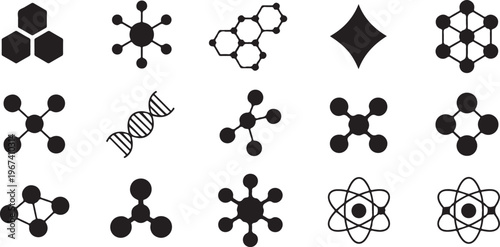 Molecular structure silhouette icons for scientific chemistry research and biotechnology development featuring atom and dna models.