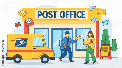 Post Office Building with Mailman, Customer, Mail Truck, and Letters