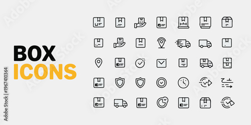 Delivery box icons collection for logistics and shipping services featuring package handling tracking and transportation symbols.