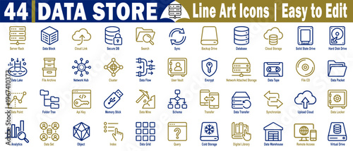 Data store line art icons set. Computer network infrastructure symbols, cloud computing elements, and information management icons for web design. vector illustration.