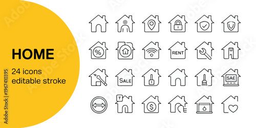 Home real estate line icons for property market including house for rent sale smart technology and residential building symbols.