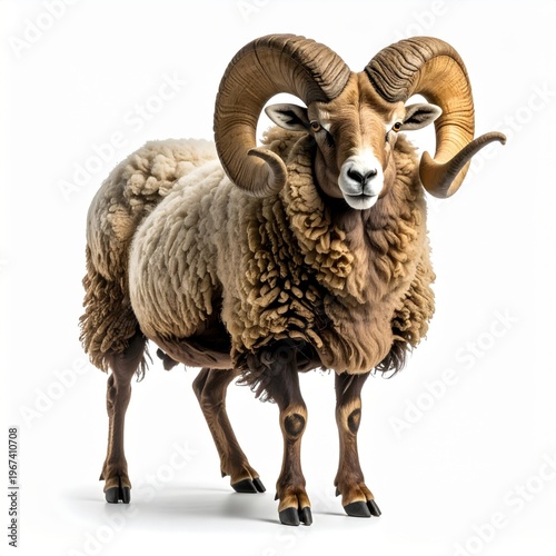 Full-body studio portrait of a ram with large curved horns standing centered on a white background, showcasing detailed wool texture and realistic animal features.