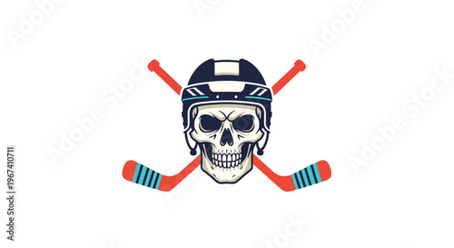 Skull wearing a hockey helmet with crossed hockey sticks design