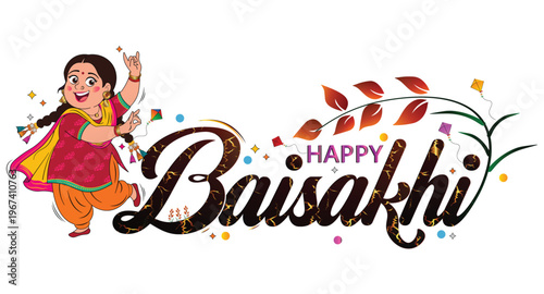 Happy Baisakhi greeting design with cute Punjabi girl character, Vaisakhi typography, and traditional elements vector illustration
