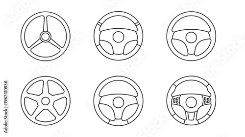 Steering wheels set with simple line art designs showing various automotive directional controls and shapes.