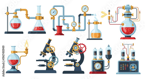 Complex arrangement of vintage scientific equipment and laboratory glassware