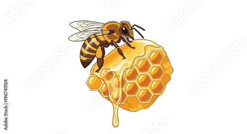 A honeybee rests upon a golden honeycomb dripping with sweet honey