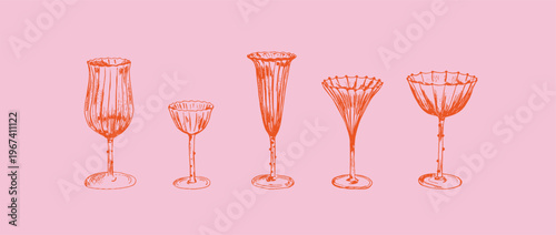 Collection of five elegant wine and cocktail glasses, red line art on pink background. Vintage style barware set illustration, hand-drawn glassware engraving. Minimal Hand Drawn Cocktail Vector 