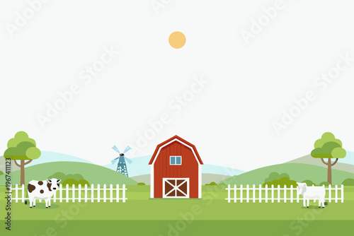 A cheerful farm scene with a red barn cows and a bright sun