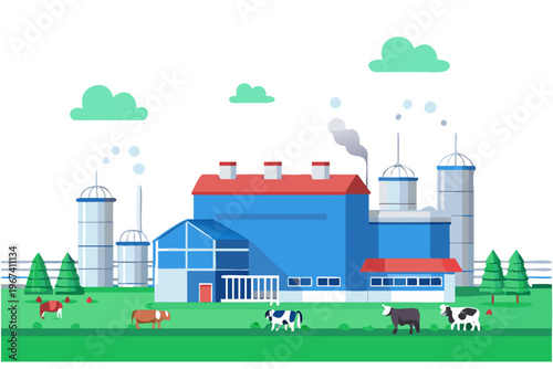 Industrial factory complex near a green pasture with grazing cows
