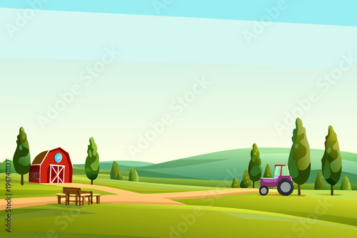 A vibrant cartoon farm scene with buildings tractor and green landscape