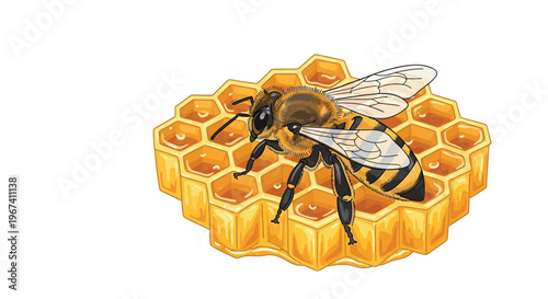 A honeybee rests upon a golden honeycomb structure detailed illustration