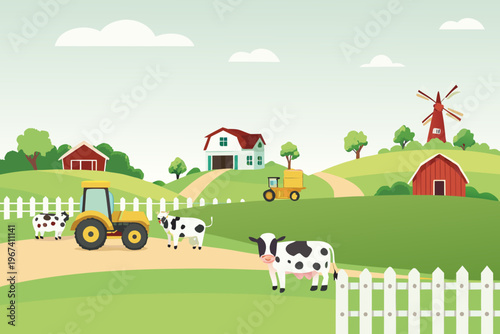 A colorful countryside scene featuring farm buildings cows and tractors